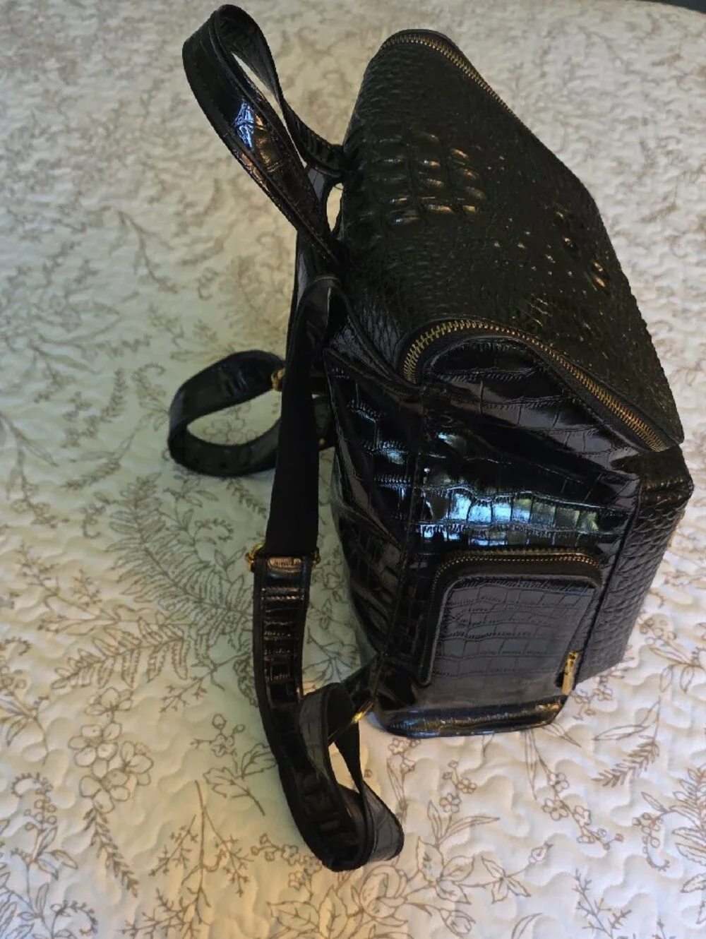 Black Croc-Embossed Backpack Purse - Unbranded